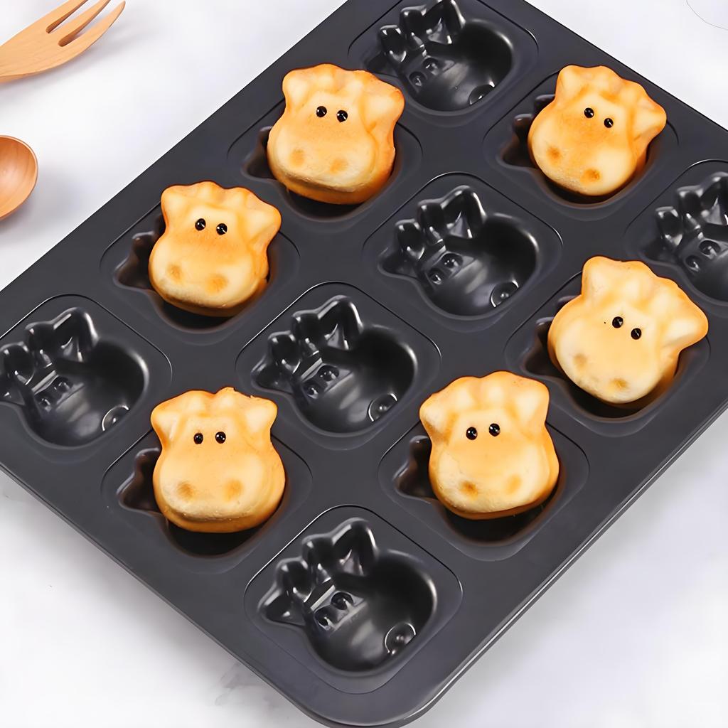 Cow Shape Muffin Pan 12-Cavity, Non-Stick Animal Cake Mold for Baking - Durable Carbon Steel Bakeware
