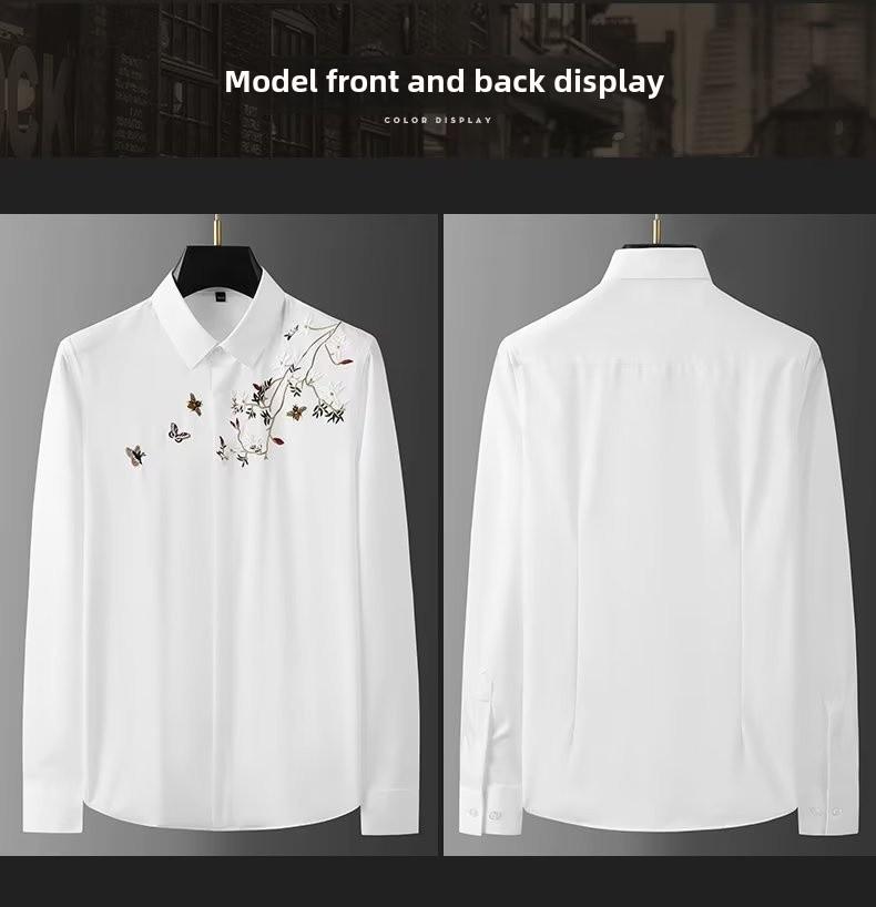 Męska koszula biała slim fit z chińskim haftem, z długim rękawem - Jesień 2023, Casualowa i niegniotliwa