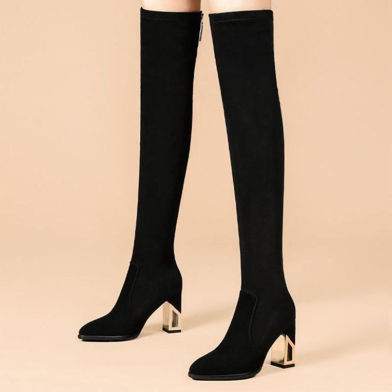 

Elegant Black Over-the-Knee Boots Autumn Winter Furry Lined Stretchy Non-Slip Petite Women Slimming Heeled Boots 40