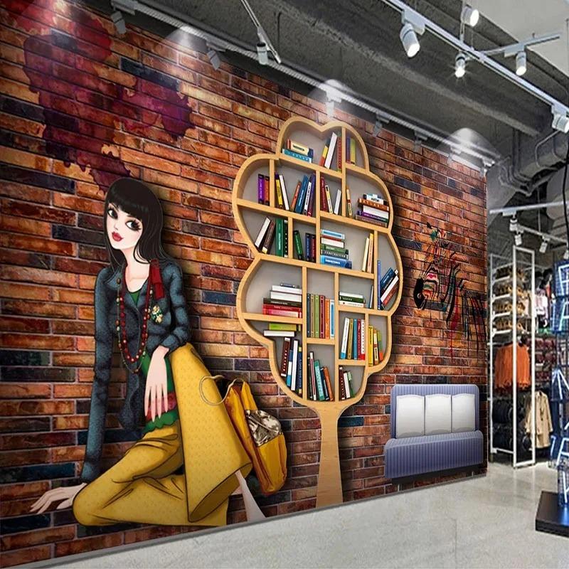 3d Murals Nostalgic Brick Wall Bookcase Cartoon Wallpaper Beauty Clothing Store Tooling Wall Murals