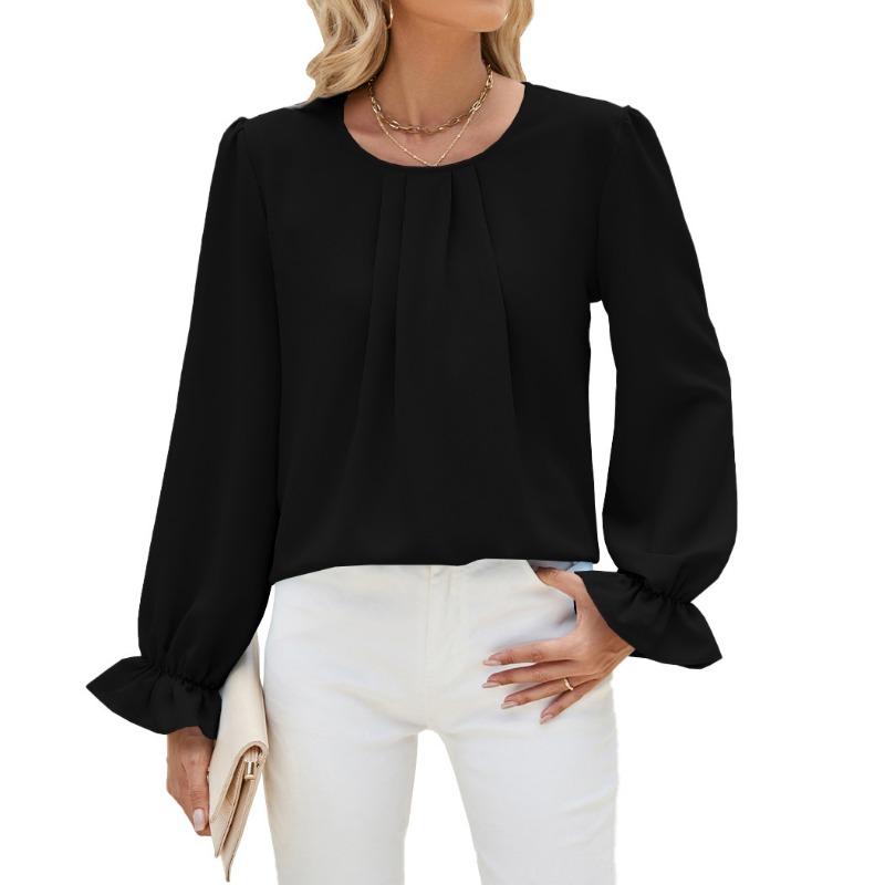 Frühling und Herbst Damen Bluse Einfarbig Rundhals Lose Langarm Top