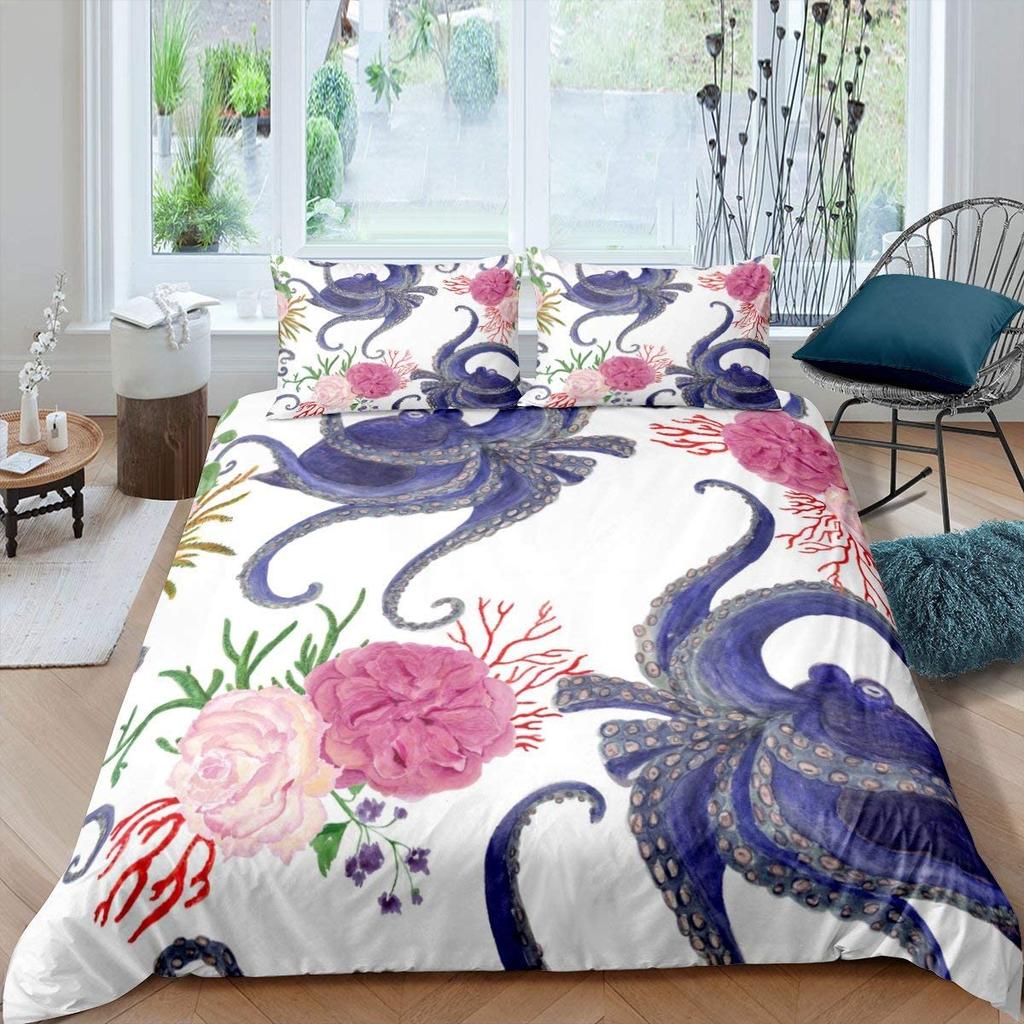 Oktopus Bettbezug-Set, Cartoon Oktopus Tentakel Polyester Bettdeckenbezug Einzelgröße, Meer Marine Bettwäsche-Set für Kind Jungen Mädchen