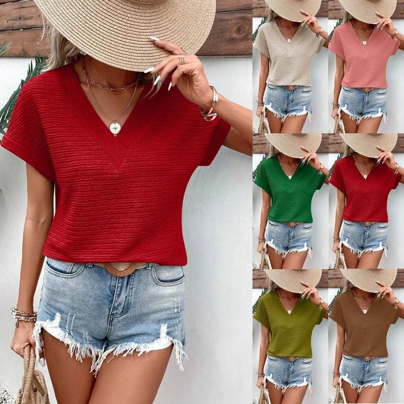 GMXIA Women's Fashion Casual Leisure Summer Solid Color Print Short Sleeve V-Neck Blouses & Shirts