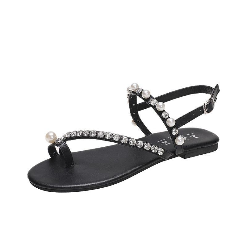 Rhinestone Pearl Toe Flat Sandals Women's Summer New Temperament Casual Shoes