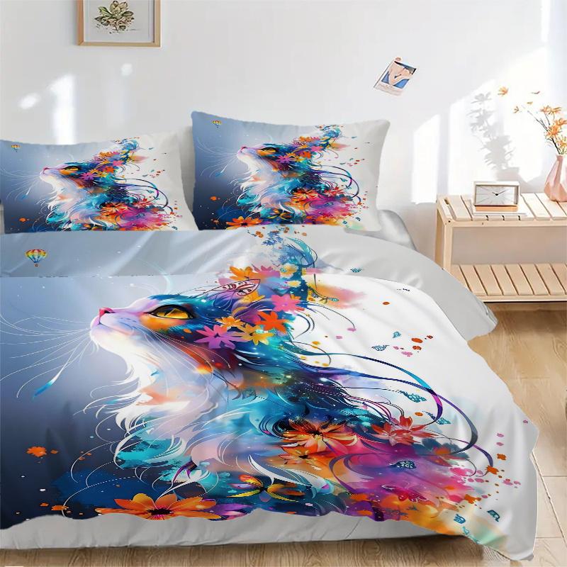 3pcs Colorful Cat Art Design Bedding Set, Including Without Filling, Soft and Comfortable Home Bedroom M033