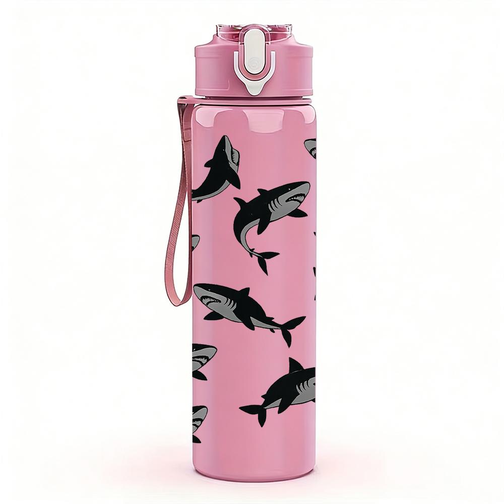 1 Stück Schwarzer Wildfisch-Flock 750ml Farbige Kunststoff-Wasserflasche Auslaufsicherer Klappdeckel mit Strohhalm Für Sport, Büro, Zuhause