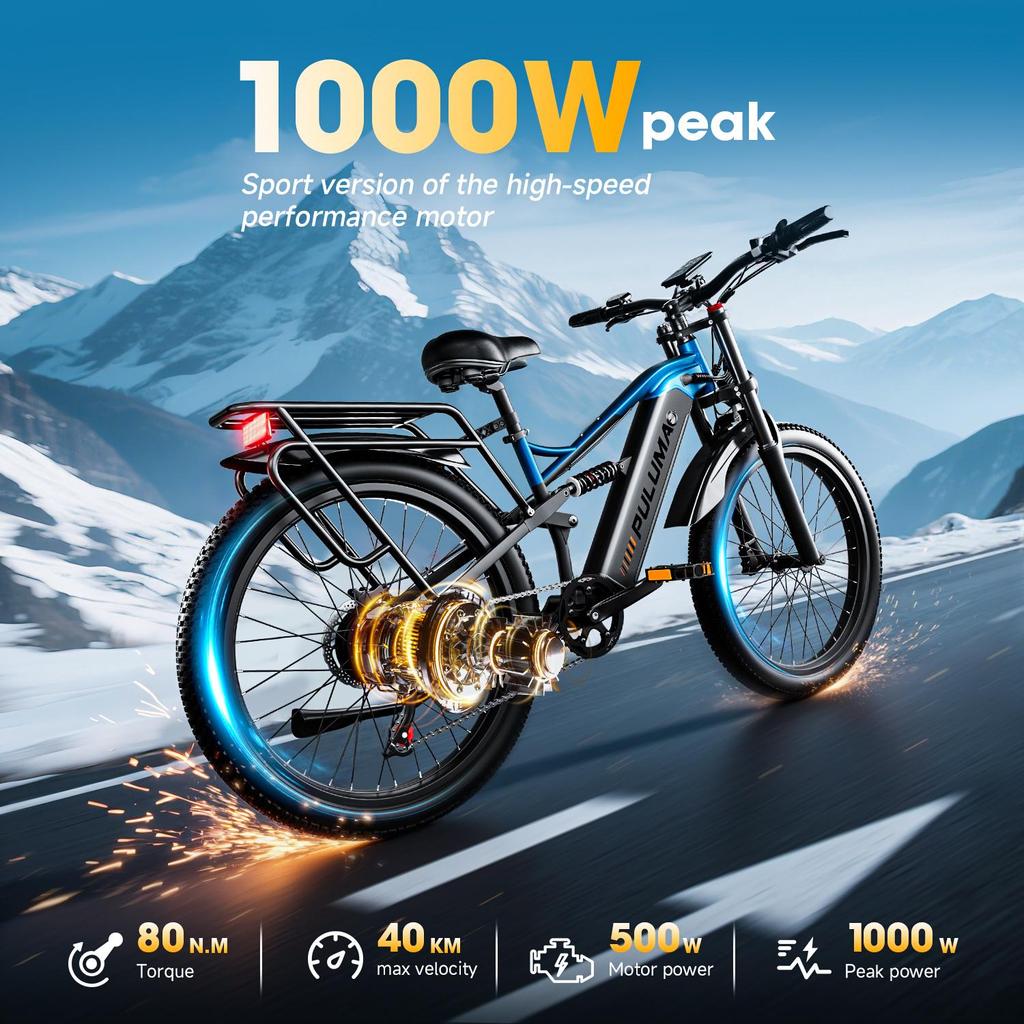 PULUMA PE86 Electric Bike, 500W Motor, 48V 20Ah Battery, 26 X 3.0 Inch Tires, 150 Km Range
