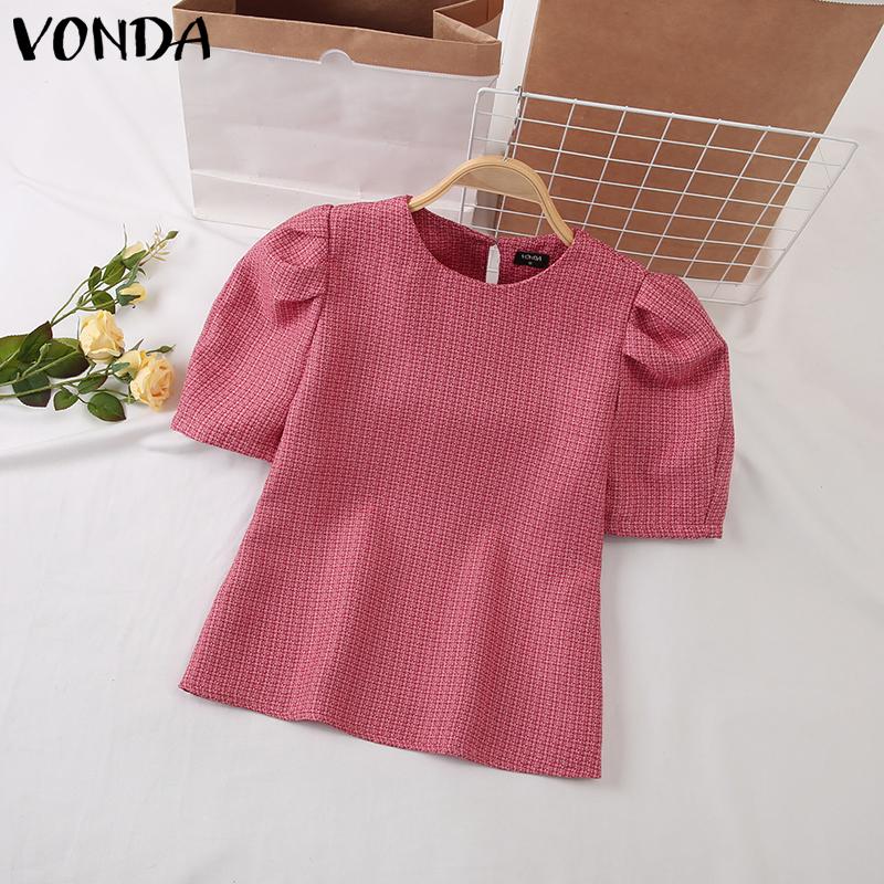 VONDA Women Summer Round Neck Puff Short Sleeve Blouses
