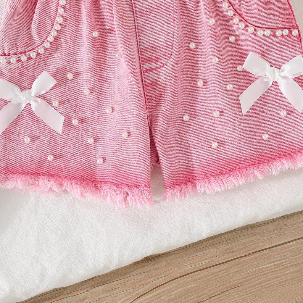 Baby Girls 2-Piece Outfit, Ribbed Ruffle Neck Top and Embellished Denim Shorts