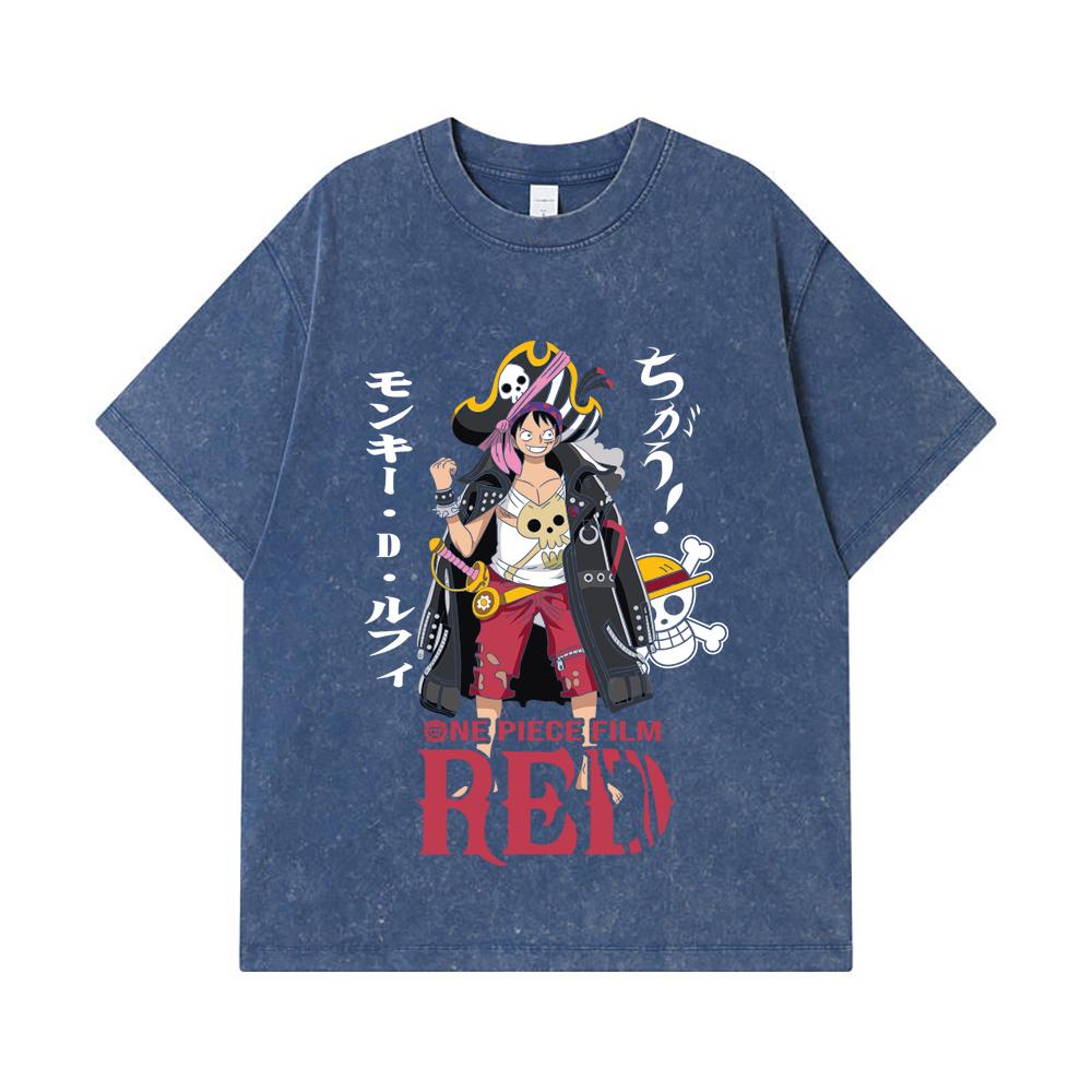 

275 GSM Washed T-shirts 100% Cotton One Piece V79 Luffy Film Red Print Unisex Heavy Cotton T Shirt 2XL королівський синій колір