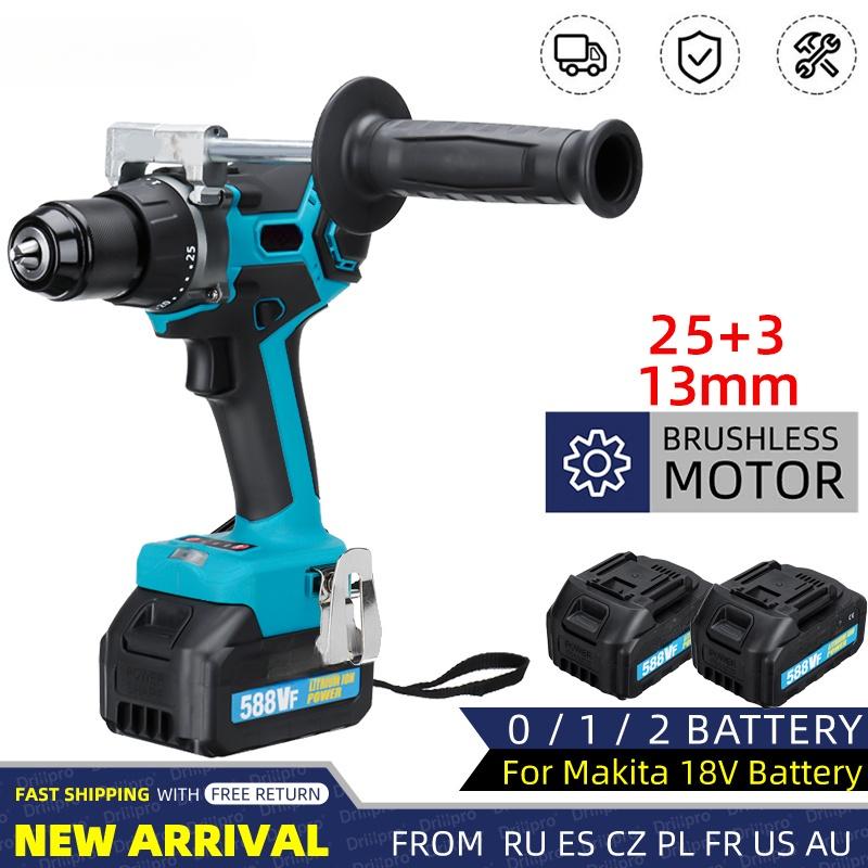 Blue Brushless Electric Impact Drill 25+3 Torque 65N.m 13mm Screwdriver Auxiliary Handle with Li-ion Battery for 18V Battery