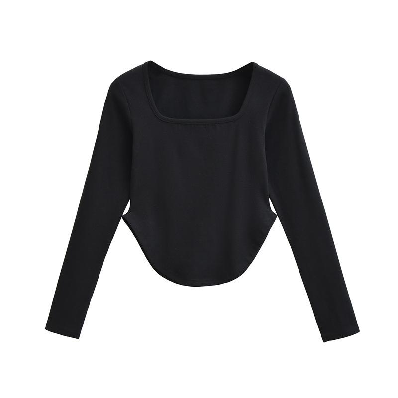 Spicy Girl Square Neck Cinched Waist Long Sleeve T-Shirt for Women - Spring/Autumn Base Layer, High Waist, Curved Style Top