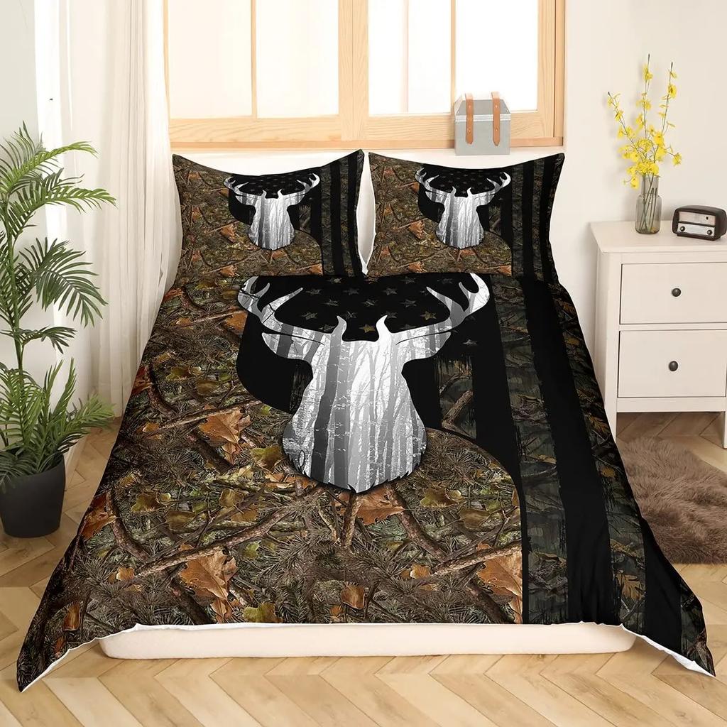 Deer Duvet Cover SetWoodland Animals Elk Moose Bear Wildlife Hunting Country Cabin Bedding SetRustic Farmhouse Comforter Cover