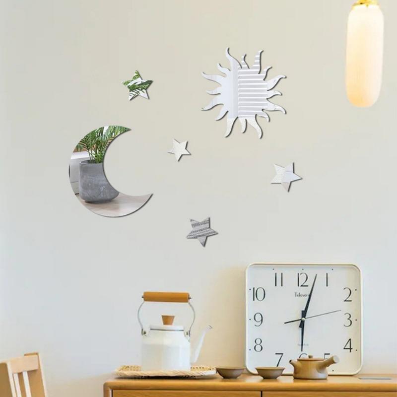 6pcs Star & Moon Combination Mirror Wall Sticker for Bedroom and Living Room - Ramadan Kareem, Holiday, Birthday Party Supplies,