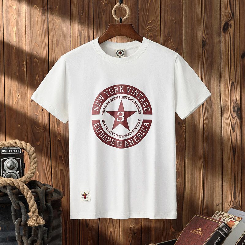 Five-Pointed Star Retro Print Men s All-Cotton Short-Sleeved T-shirt White L