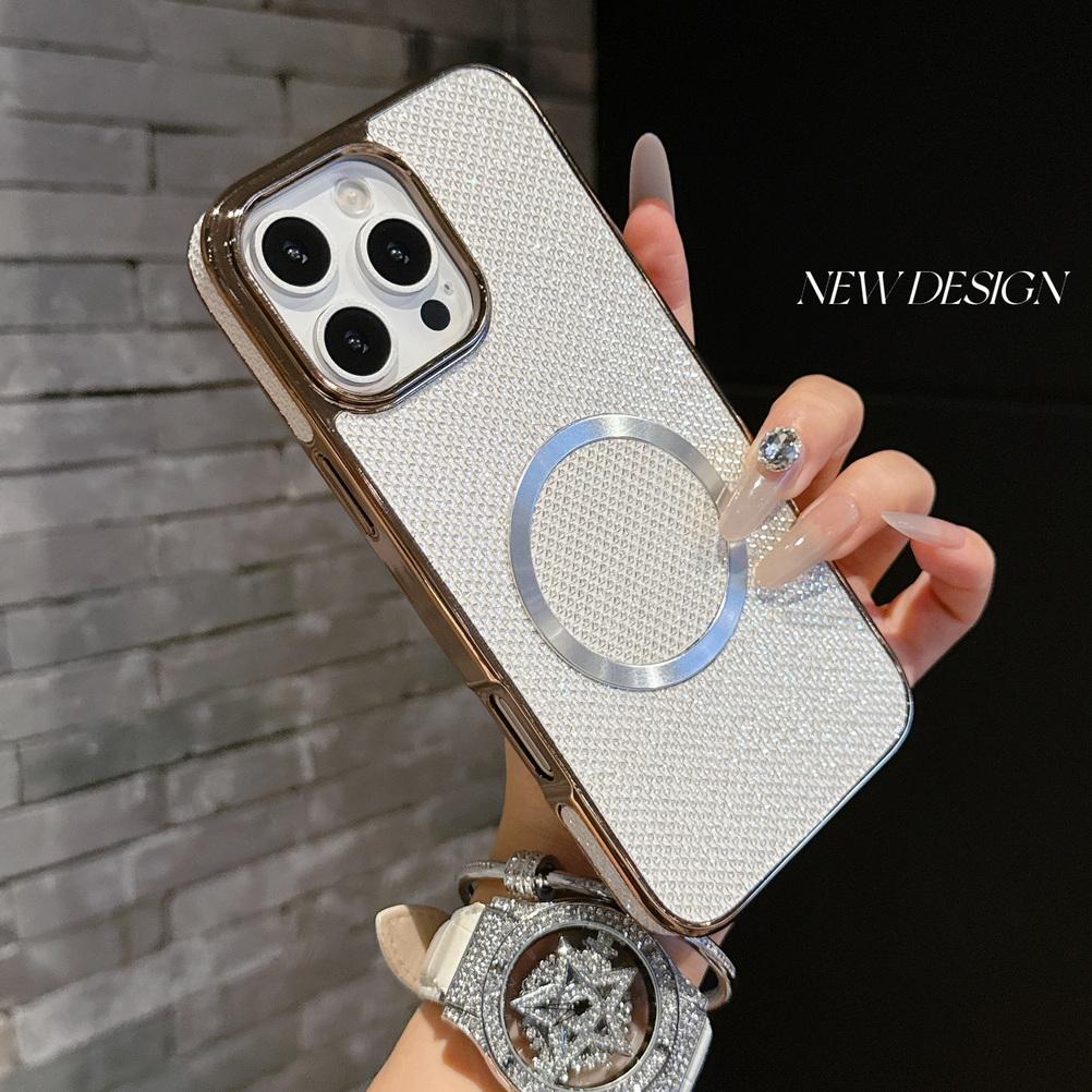 Shiny Rhinestone Glitter Plated Border Magnetic Ring Case for iPhone 16 Pro Max 15 Plus 14 + 13 Pro 12 11 Lens Protection Cover