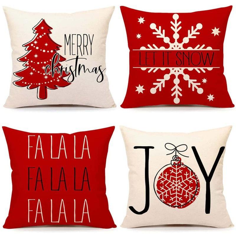 Set of 4 Trendy Christmas Pillow Covers 18x18 Red White Pillowcase Square Xmas Tree Snowflake Pattern Holiday Decor