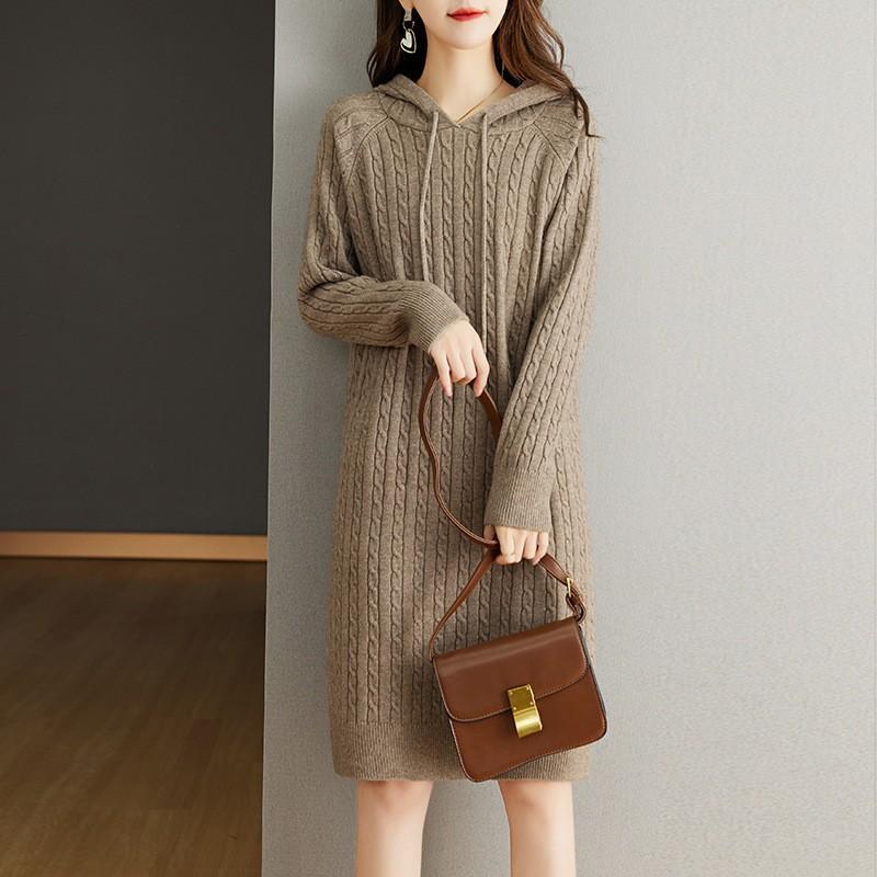 Autumn and Winter New Hooded Casual Medium and Long Dress Women's Fashion Knitted Large Size Loose Pullover Sweater Women