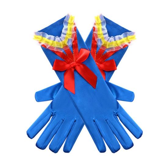 Princess Cosplay Gloves Royal Blue Satin Gloves with Ruffles And Red Bow Girls Cosplay Gloves for Costume Parties Stage Performances