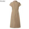 ZANZEA Women Casual Turn Down Collar Solid Color Short Sleeve Pleated Dress