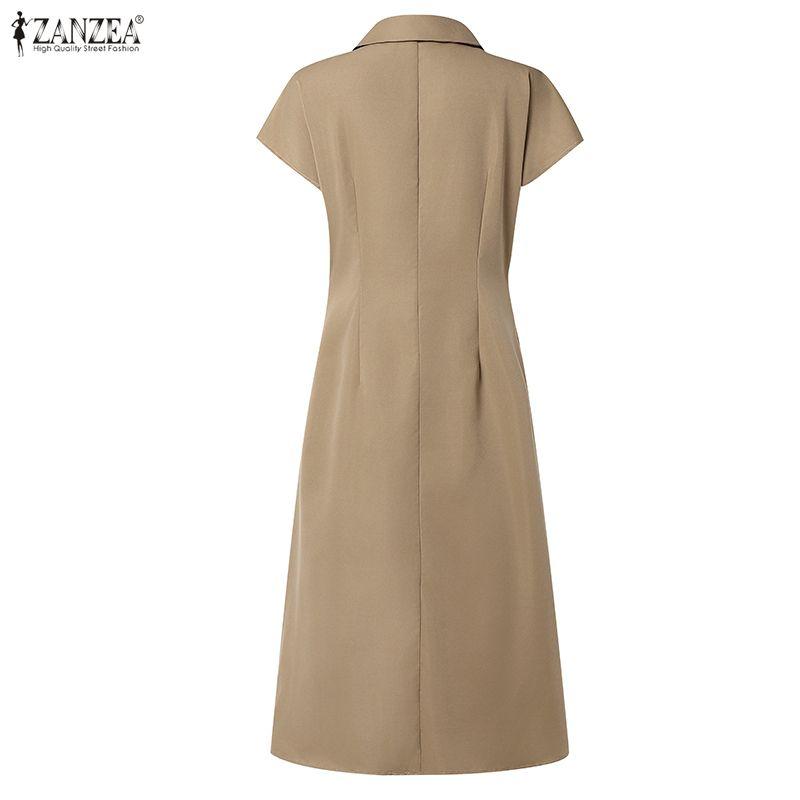 ZANZEA Women Casual Turn Down Collar Solid Color Short Sleeve Pleated Dress