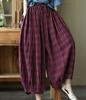 Plus Size Women Summer Pants Cotton Linen Wide Leg Loose Plaid Pants Oversized Casual Pants