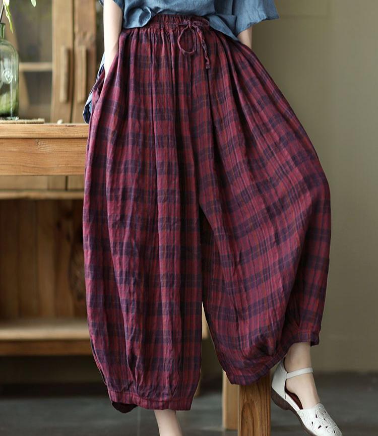 Plus Size Women Summer Pants Cotton Linen Wide Leg Loose Plaid Pants Oversized Casual Pants