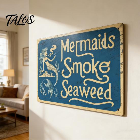 Handcrafted Metal Sign Mermaids Smoke Seaweed Rustic Wall Vintage Decorative Funny Doorbell Retro Nautical Art for Bedroom Living Room Coastal