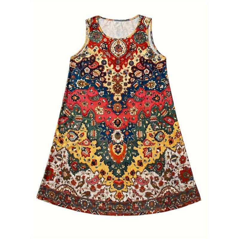 Damen Boho Ärmelloses Rundhalskleid - A-Linie Knielang Lässig Sommerkleid, Heller Paisley-Print