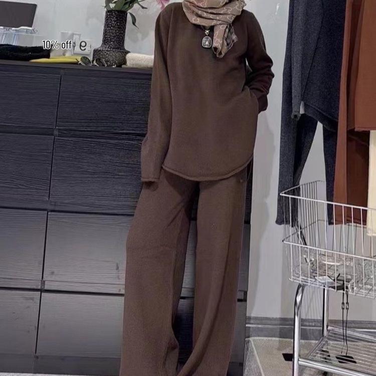 Schickes V-Ausschnitt Pullover & Weite Hosen Zweiteiler Set für Damen - 2025 Herbst/Winter Mode Strickware