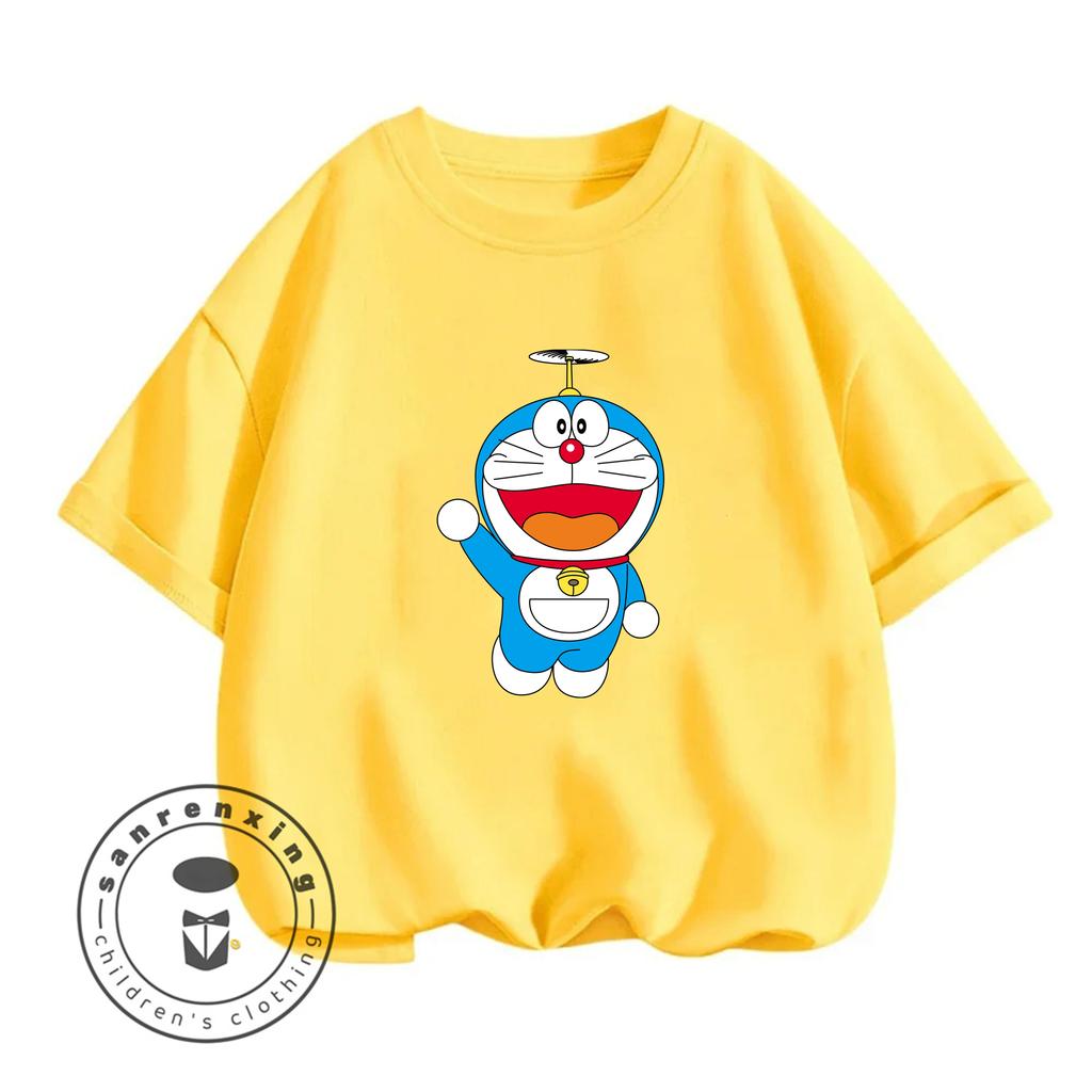 Summer Crew Neck T-shirt for Casual Everyday Wear, Doraemon Cute Cartoon Fashion Street Style
