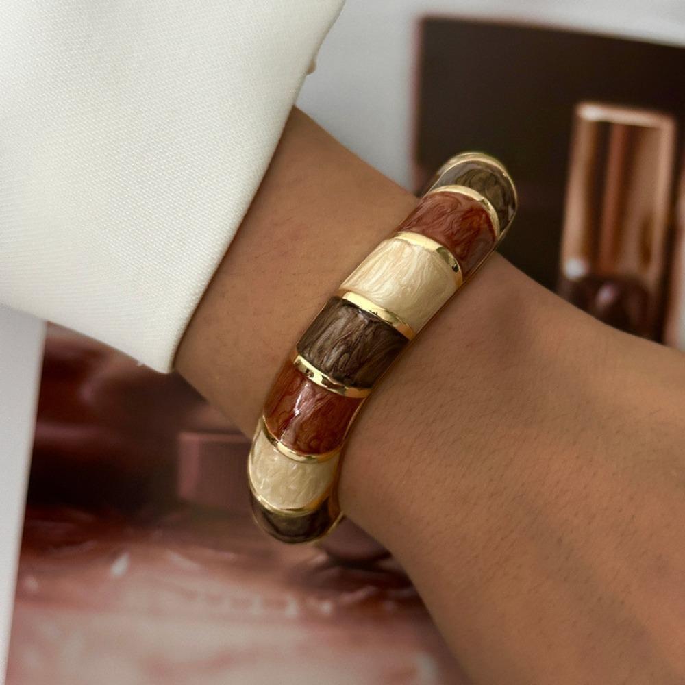 Geometric Striped Vintage Coffee Brown Enamel Wide Cuff Bracelet Open Bracelet Daily Party