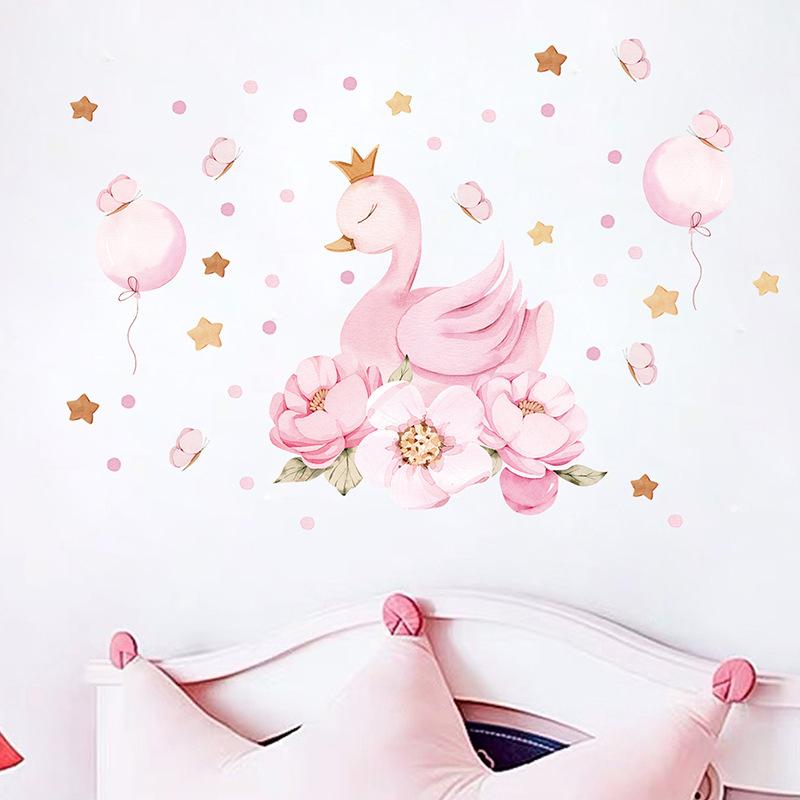 Süße Rosa Schwanenprinzessin Aufkleber Cartoon Mädchen Kinderzimmer Hintergrundwand Verschönerung Dekoration Aufkleber