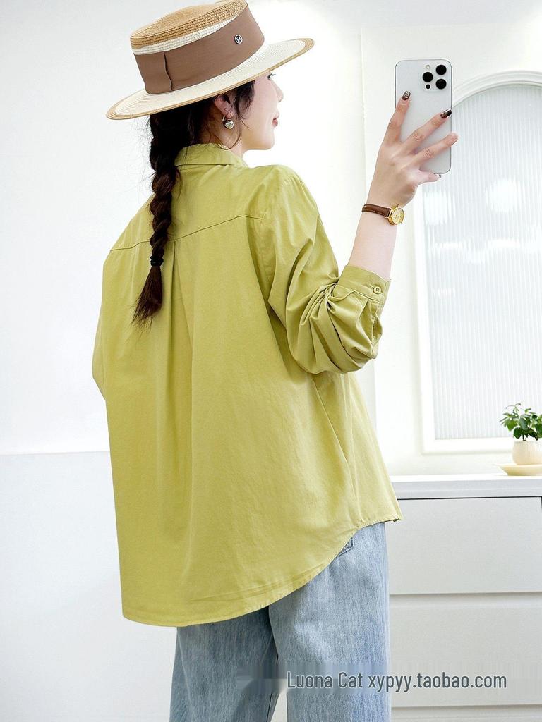 Women's Candy Color Long Sleeve Cotton Shirt - Minimalist, Versatile, and Slimming Design