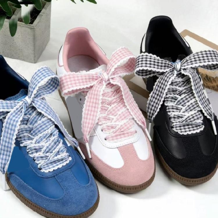 Gingham Ribbon Shoelaces with Lace Trim for Trainers and Canvas Pairs, Flat Decorative Laces for Daily Styling