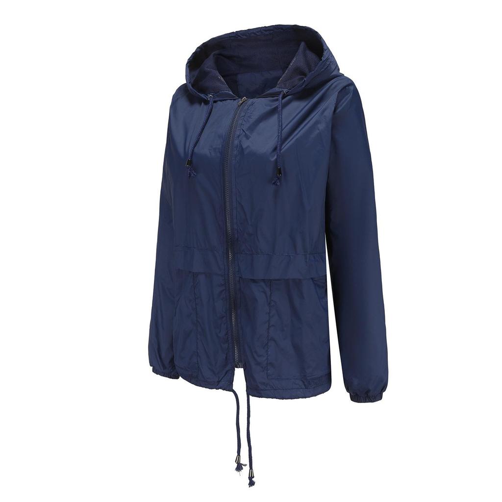 Women Spring Solid Color Long Sleeve Lightweight Hooded Collar Outdoor Raincoat Cropped Cardigan Jacket S-3XL