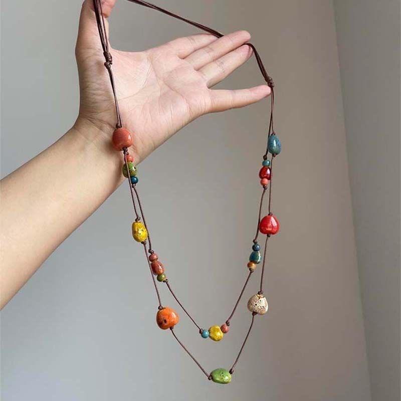 Women Multicolor Dopamine Ceramic Heart Beaded Double Layer Long Sweater Chain Necklace