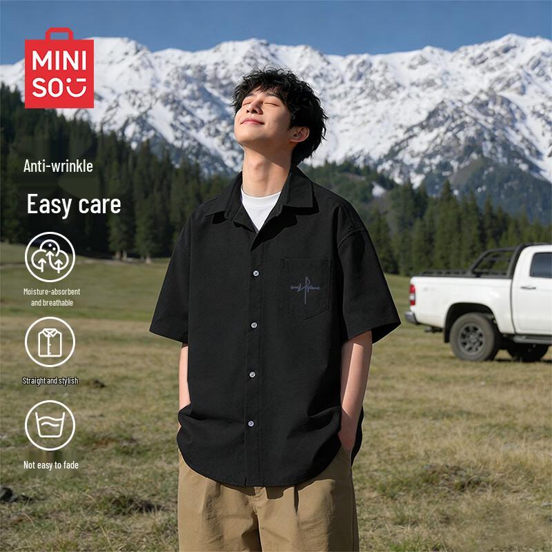 MINISO Men s Oxford Short-Sleeve Cuban Collar Shirt 3XL