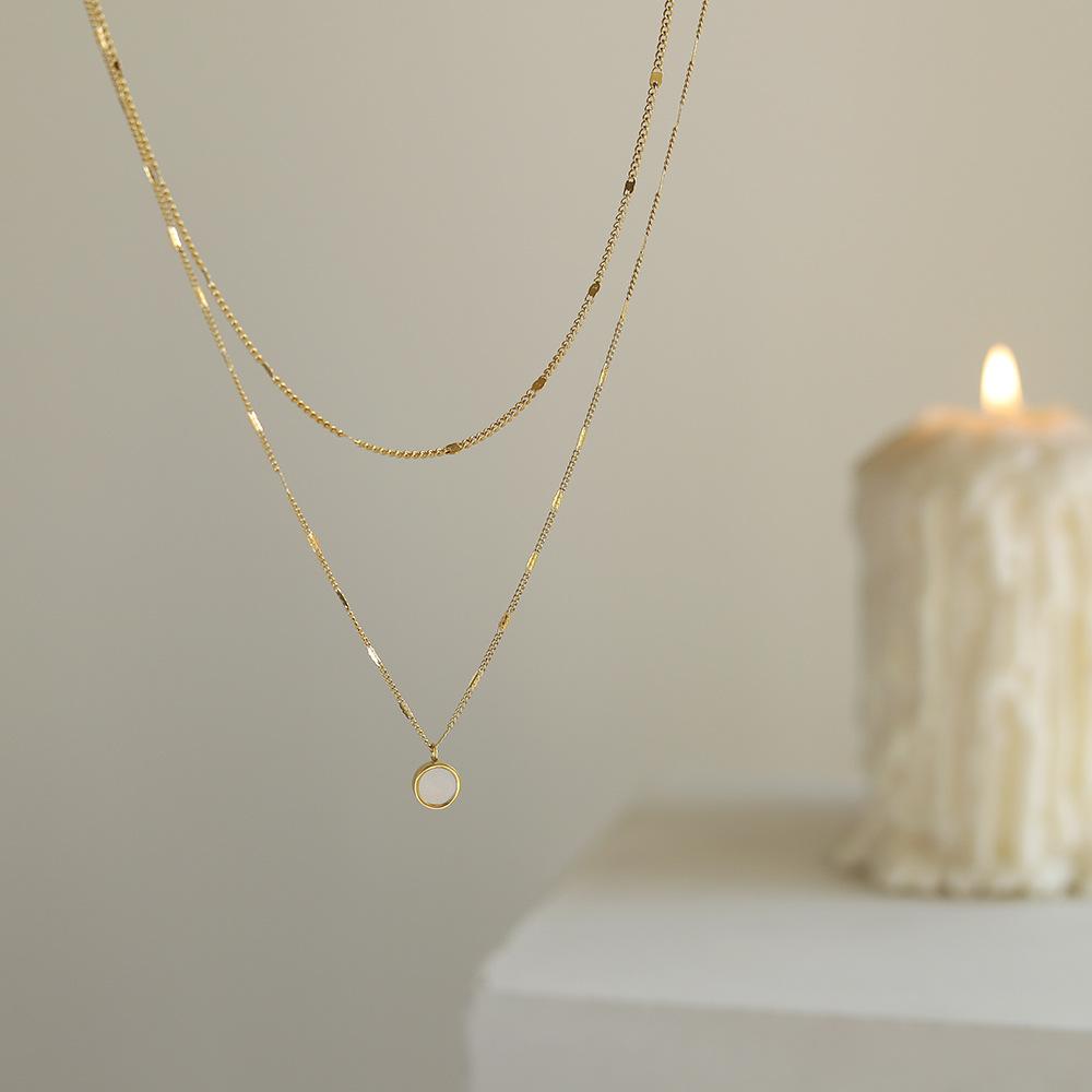 Double Layer White Shells Round Geometry Stainless Steel Vintage Fashion Pendant Necklace18K Gold Plating Jewelry Gold