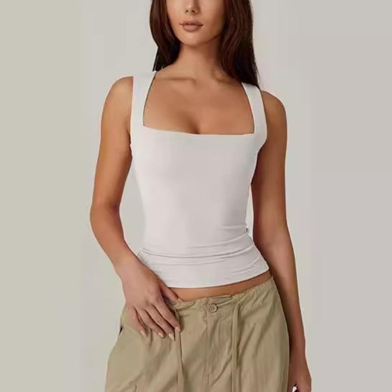 Summer Women's Square Neck Sleeveless Double Tank Top Basic Skinny T-Shirt