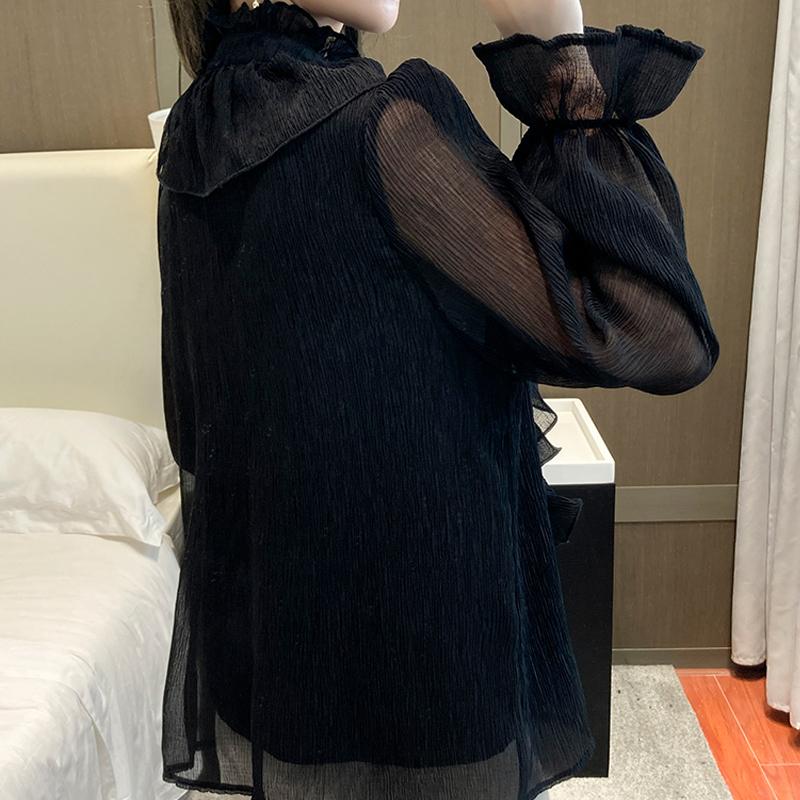 Autunno Vintage Ruffles Abbigliamento Pizzo Camicetta Donna Primavera Collo Alto Camicia Bianca Manica Lunga a Palloncino Ampia Elegante