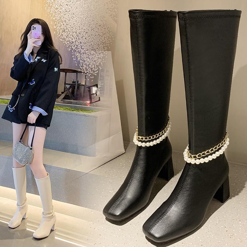 2021 Otoño Invierno Suqare Toe Tacones gruesos Botas largas Botas largas Plataforma  baja Cadena de perlas Cadena de cristal Decoración Botas altas para la  rodilla de las mujeres comprar a buen precio —