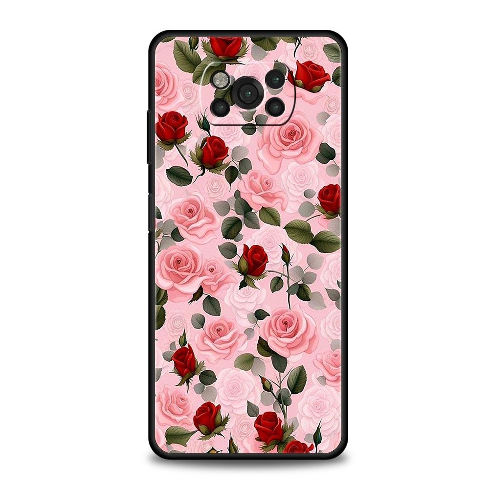 Phone Case For Xiaomi Poco X6 X5 X4 Pro 5G X3 NFC F5 F4 M5 M4 M3 F3 GT C51 C50 C55 Soft Black Cover Beautiful Red Rose Flowers