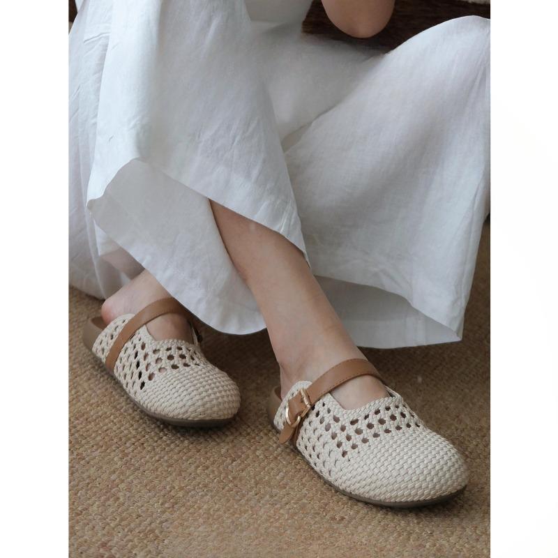 Retro Shoes Woven Toe Caps Half-slipper Women's Perforated Breathable Sandals