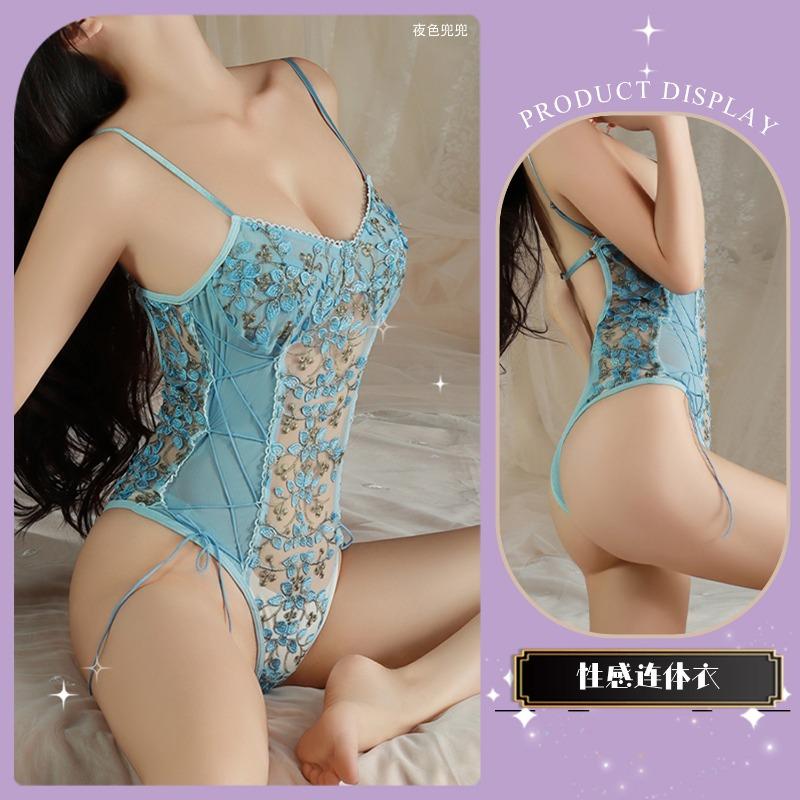 Lace Deep V Embroidery Suspender Inside with Onesie Backless Retro Floral Sexy Strap Splicing Mesh Flower