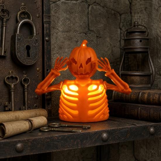 Halloween Pumpkin Skull Night Light, LED Spooky Decor for Haunted House, Glowing Ghost Ornament for Table Centerpiece