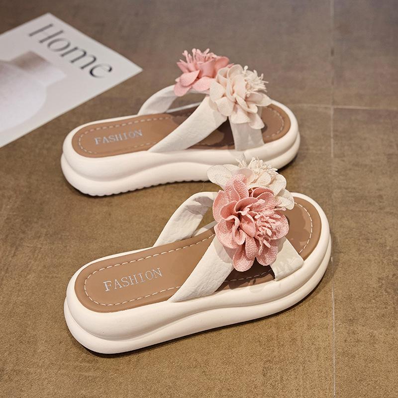 Summer New Double Flower Soft Belt Versatile Temperament Fashion Beach Wear Thick-soled Comfortable Slippers -