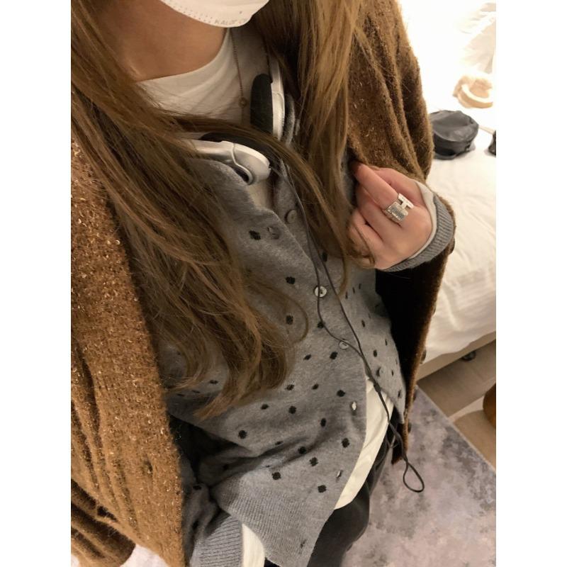 Contrast Color Polka Dot Single-breasted Sweater Cardigan Women's Autumn Soft Waxy Cotton Velvet Design Jacket Knitted Top