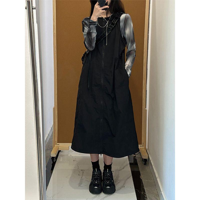 

Gray Stylish Zipper Plus Size Ladies Suspender Skirt Parka Black Dress 3XL