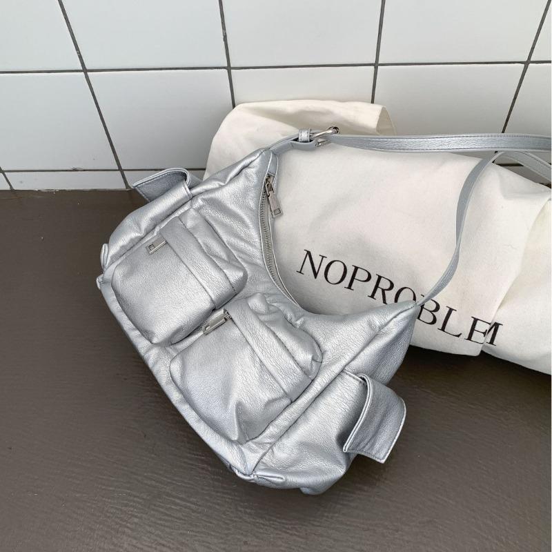 Silver multi-pocket niche design messenger bag women's solid color women's bag versatile soft leather simple shoulder bag women